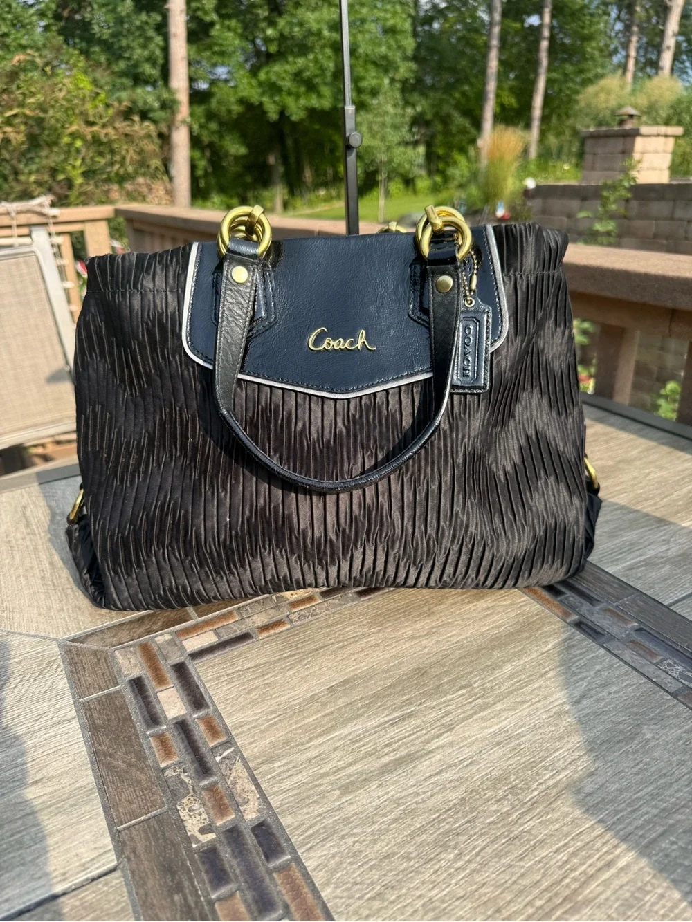 EUC Coach Ashley Gathered Satin Carryall Black Brass Hardware Shoulder Bag